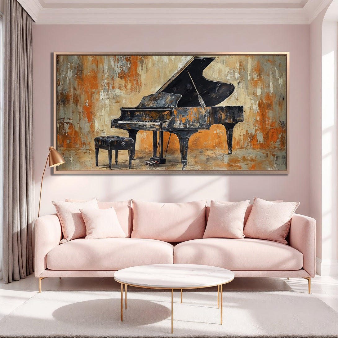 Abstract piano Canvas Print in warm orange and gray tones, perfect for living room decor. Adds a touch of elegance to any space.