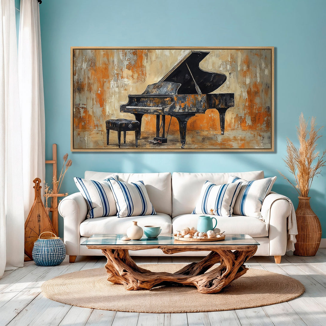 Framed Wall Art: Abstract piano painting in warm orange and black tones. Adds artistic flair to any space. Perfect for living rooms and bedrooms.