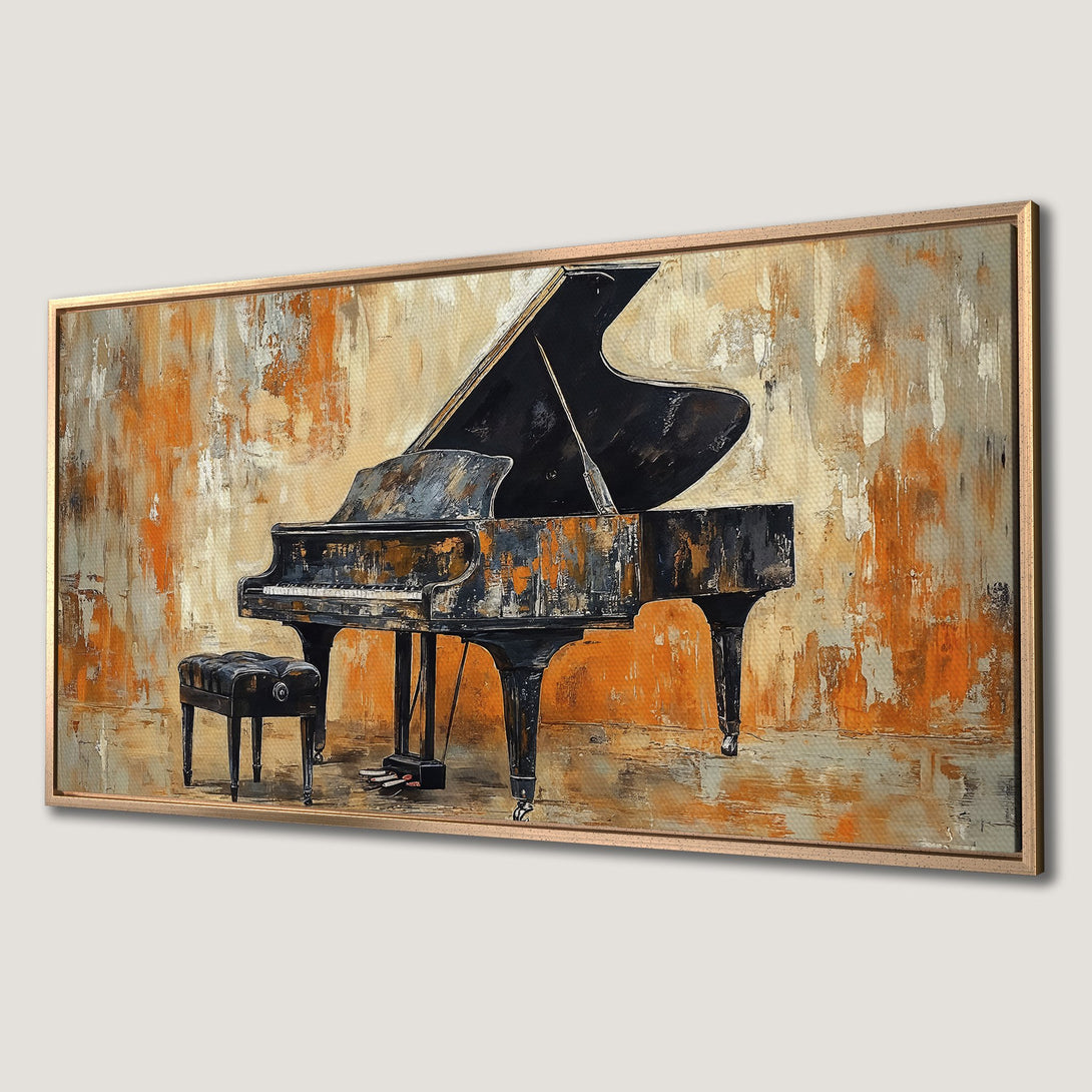 Framed Wall Art: Abstract piano painting in warm orange, gray, and black tones. Stylish canvas print for home decor.