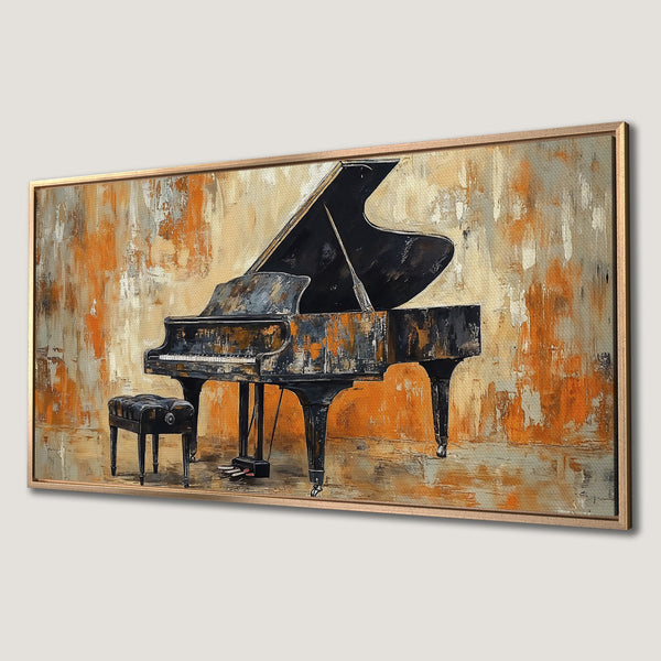 Framed Wall Art: Abstract piano painting in warm orange, gray, and black tones. Stylish canvas print for home decor.