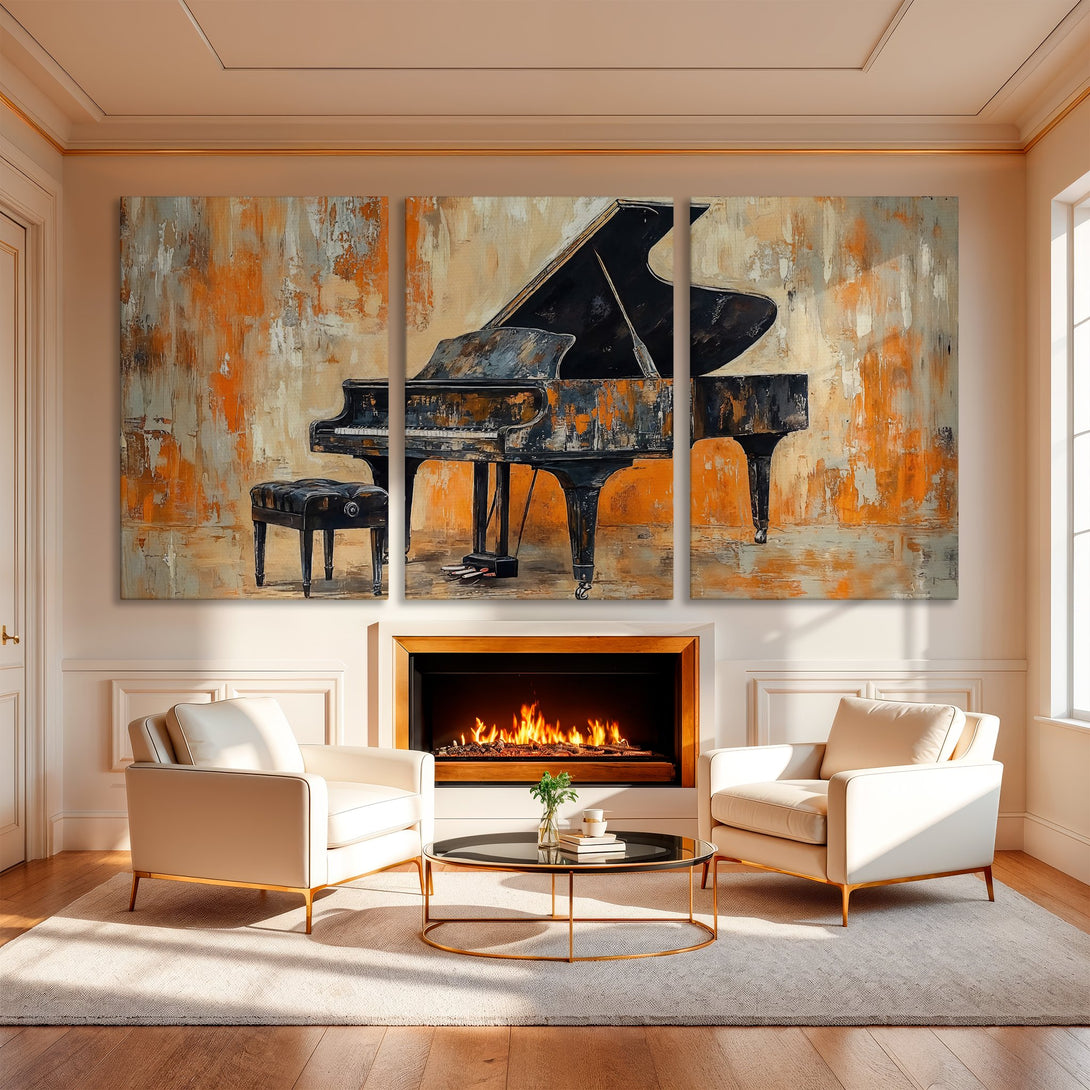 Canvas Print of a grand piano in an abstract style, featuring an orange, gray, and black color palette. Perfect for living room decor!