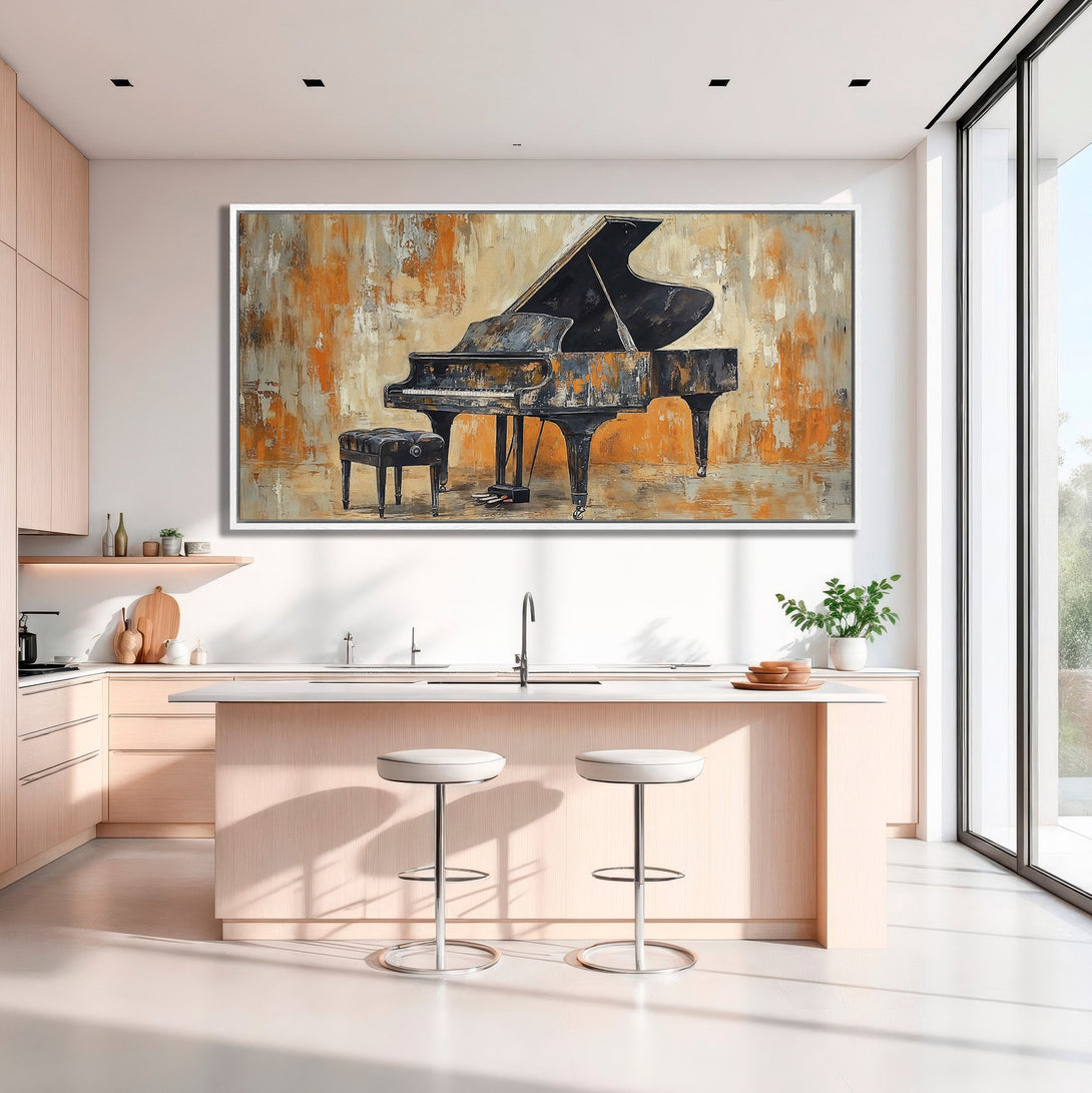 Framed Wall Art: Abstract piano painting in warm orange and gray tones. Modern art canvas print adds a touch of elegance to any space.