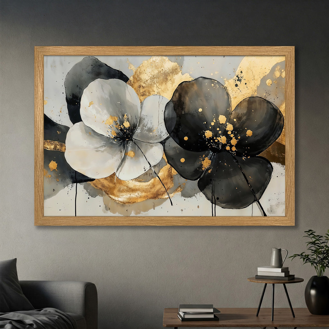 Framed Poster featuring abstract floral art in black, white, and gold. Modern art style, perfect for home decor.