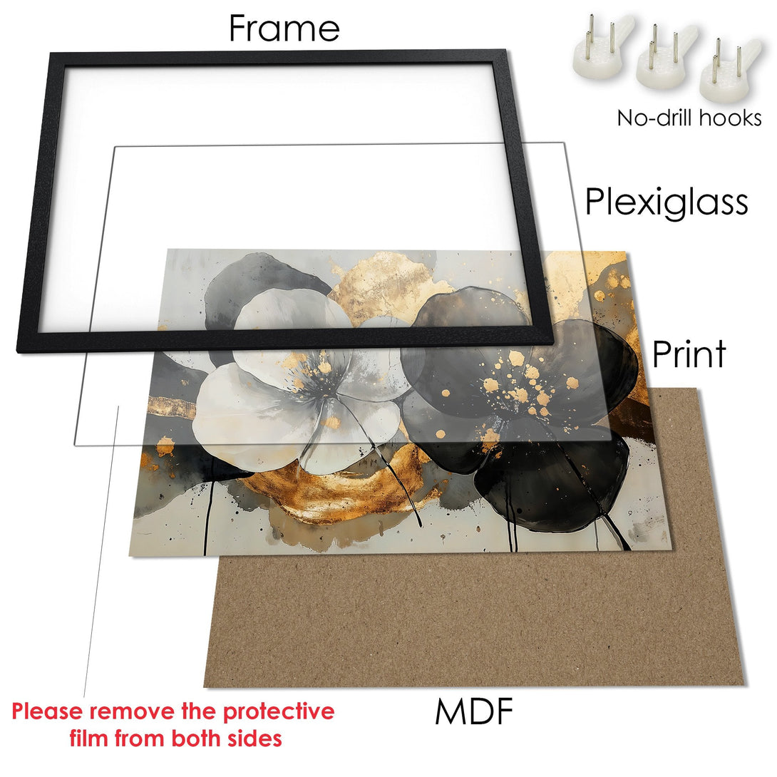 Framed Poster featuring abstract floral art in black, white, and gold. Modern wall decor for your home.