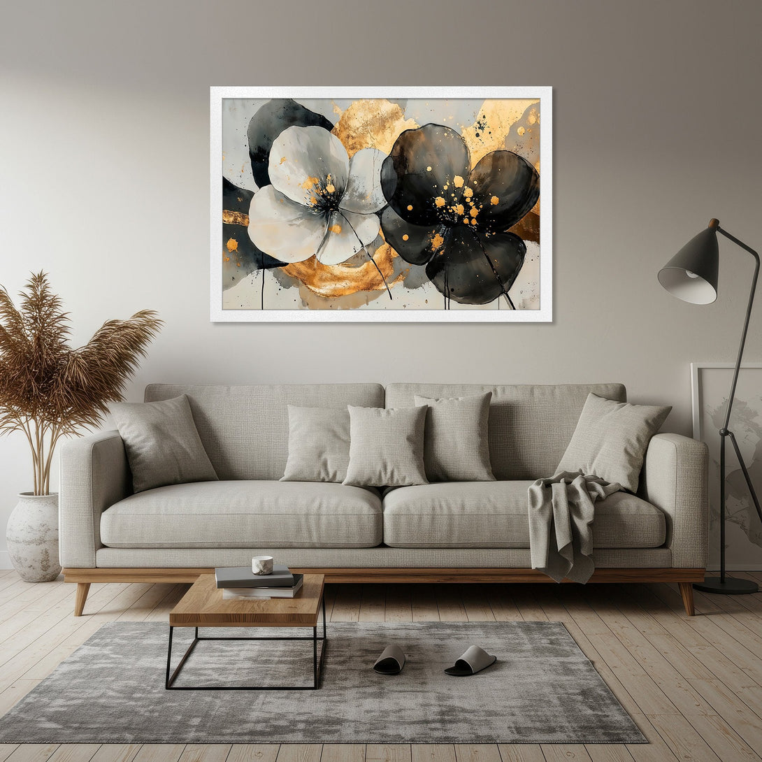 Framed Poster featuring abstract floral art in black, white, and gold. Modern decor for your home. Shop this beautiful poster today!