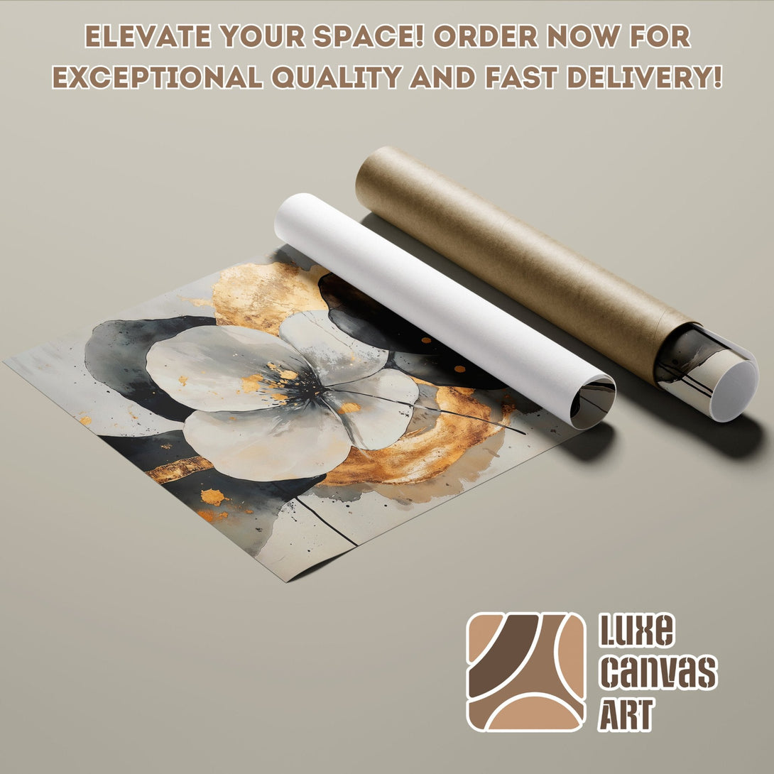 Abstract floral Poster Roll in neutral tones with gold accents. Elevate your space!