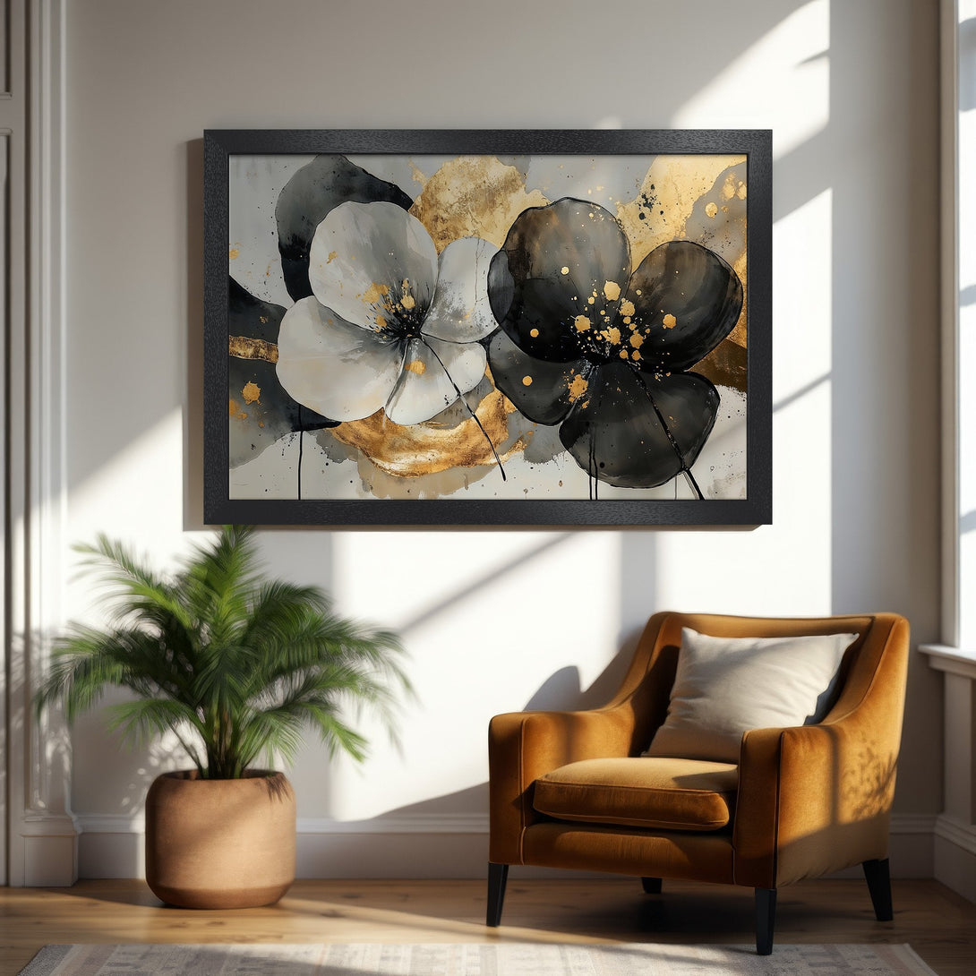 Framed Poster featuring abstract floral art in black, white, and gold. Modern style wall art to elevate your space.
