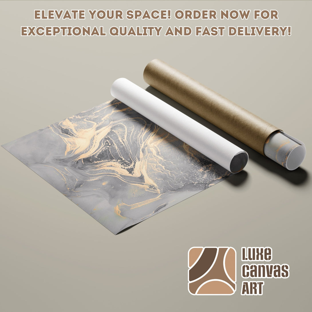 Abstract art Poster Roll in gray and gold color palette. Elevate your space with Luxe Canvas Art! Order now!