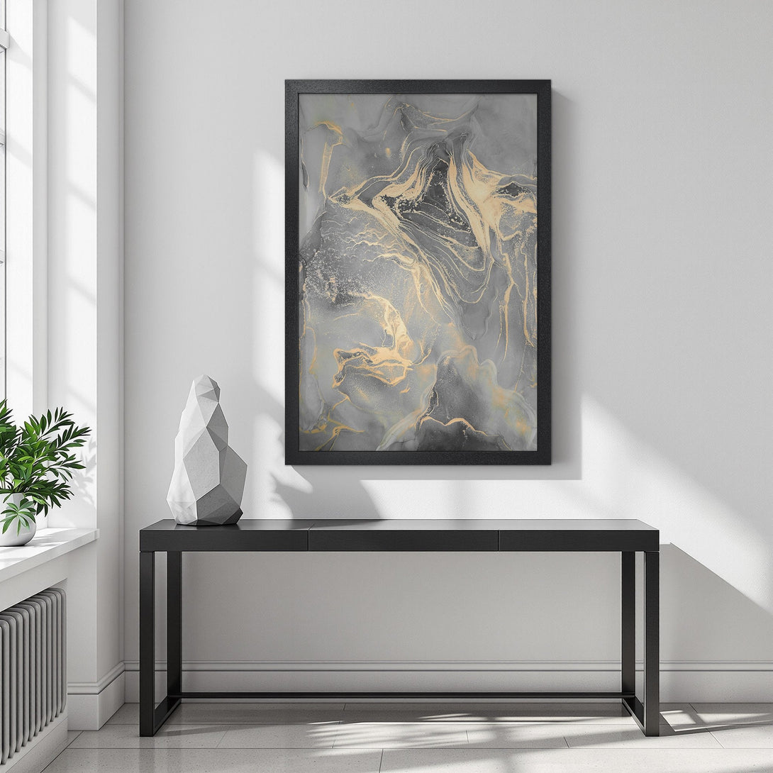 Framed Poster featuring abstract art in gray and gold tones. Modern wall art perfect for any home.