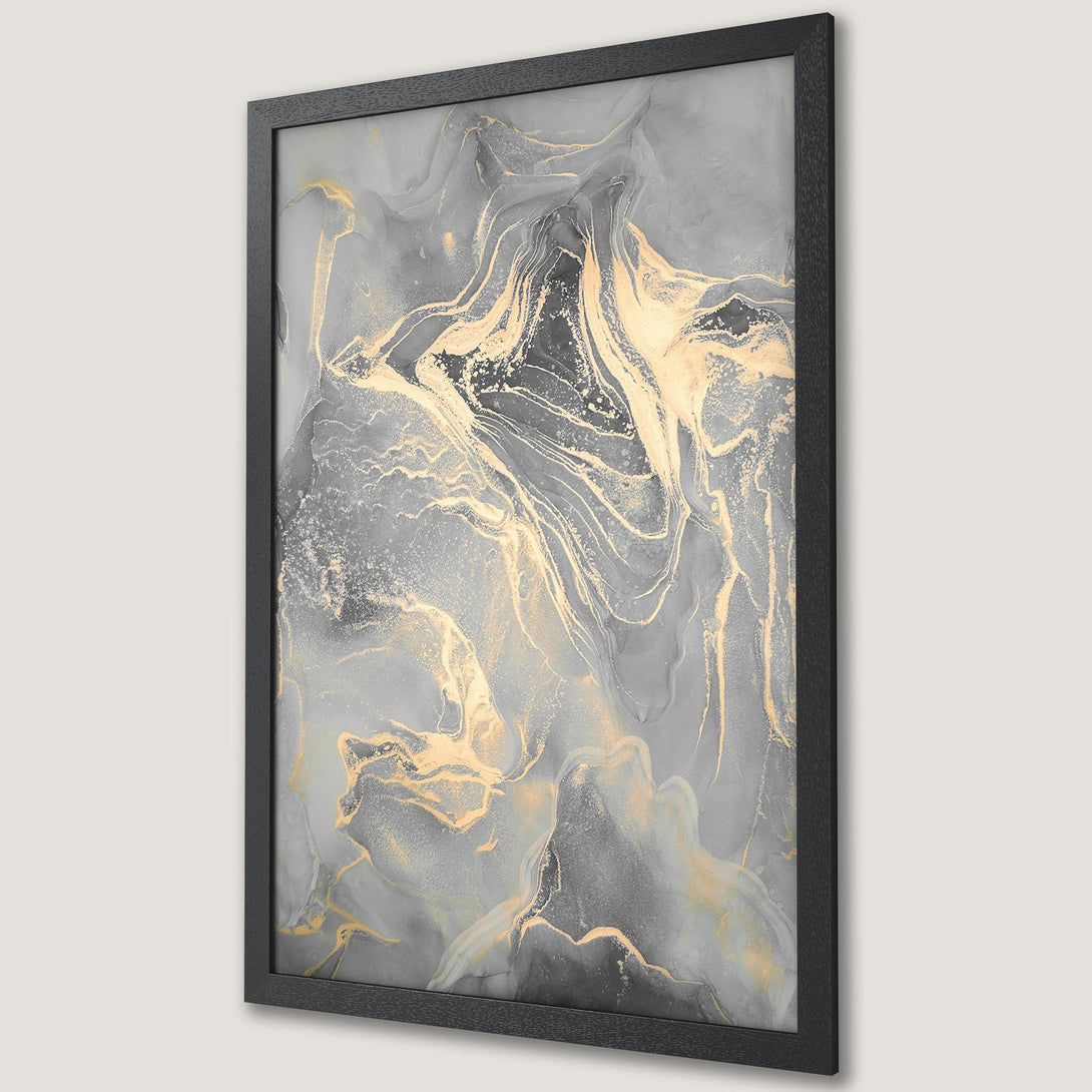 Framed Poster featuring abstract gold and gray art. Modern style, perfect for home decor. Add elegance with this stunning Poster!