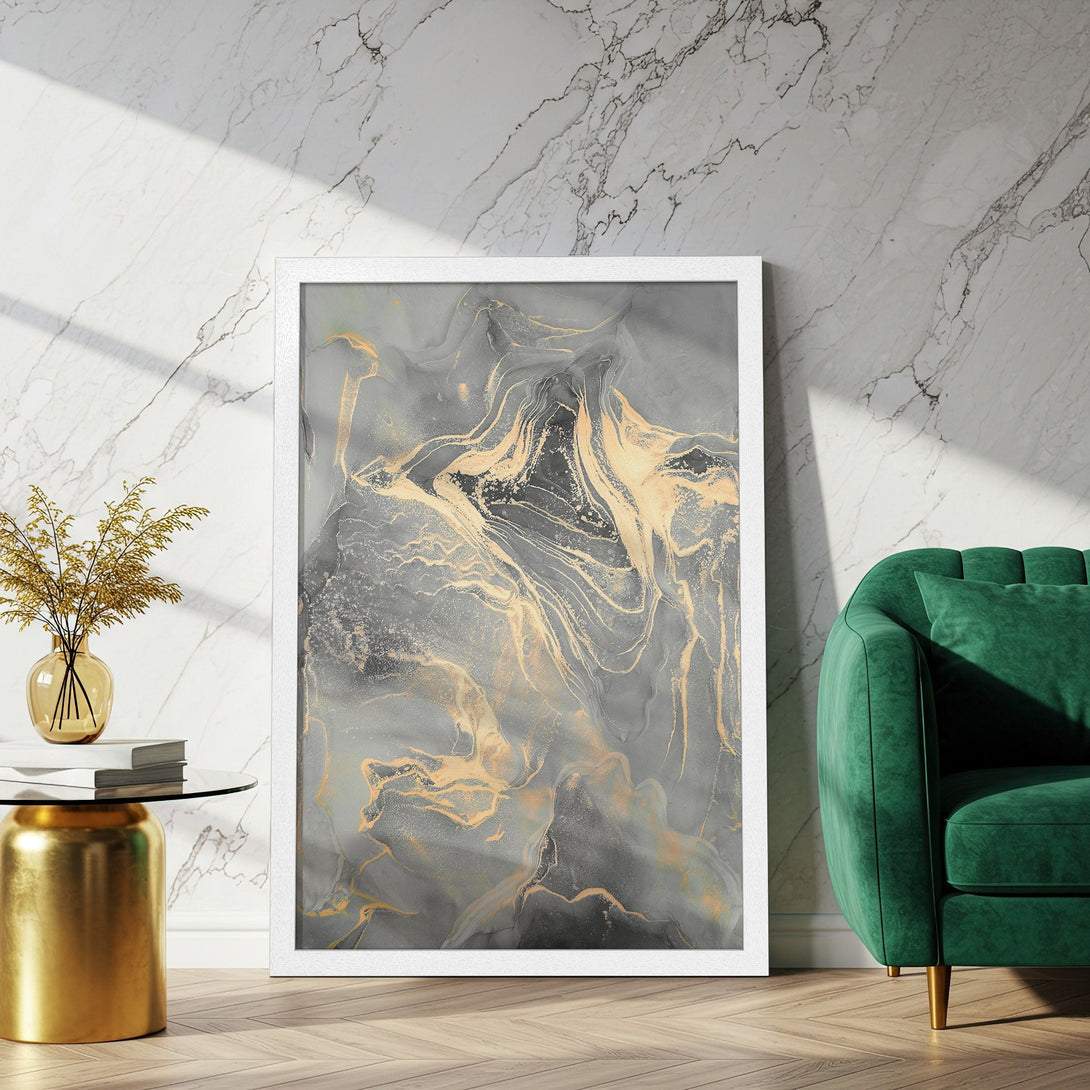Framed Poster with abstract art. Gray and gold color palette, modern style for home decor. Shop now!