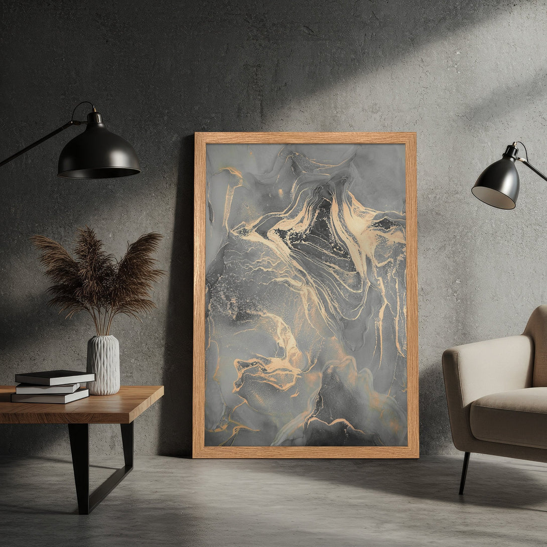 Framed Poster featuring abstract art in grey and gold tones. Modern style, perfect for home decor.