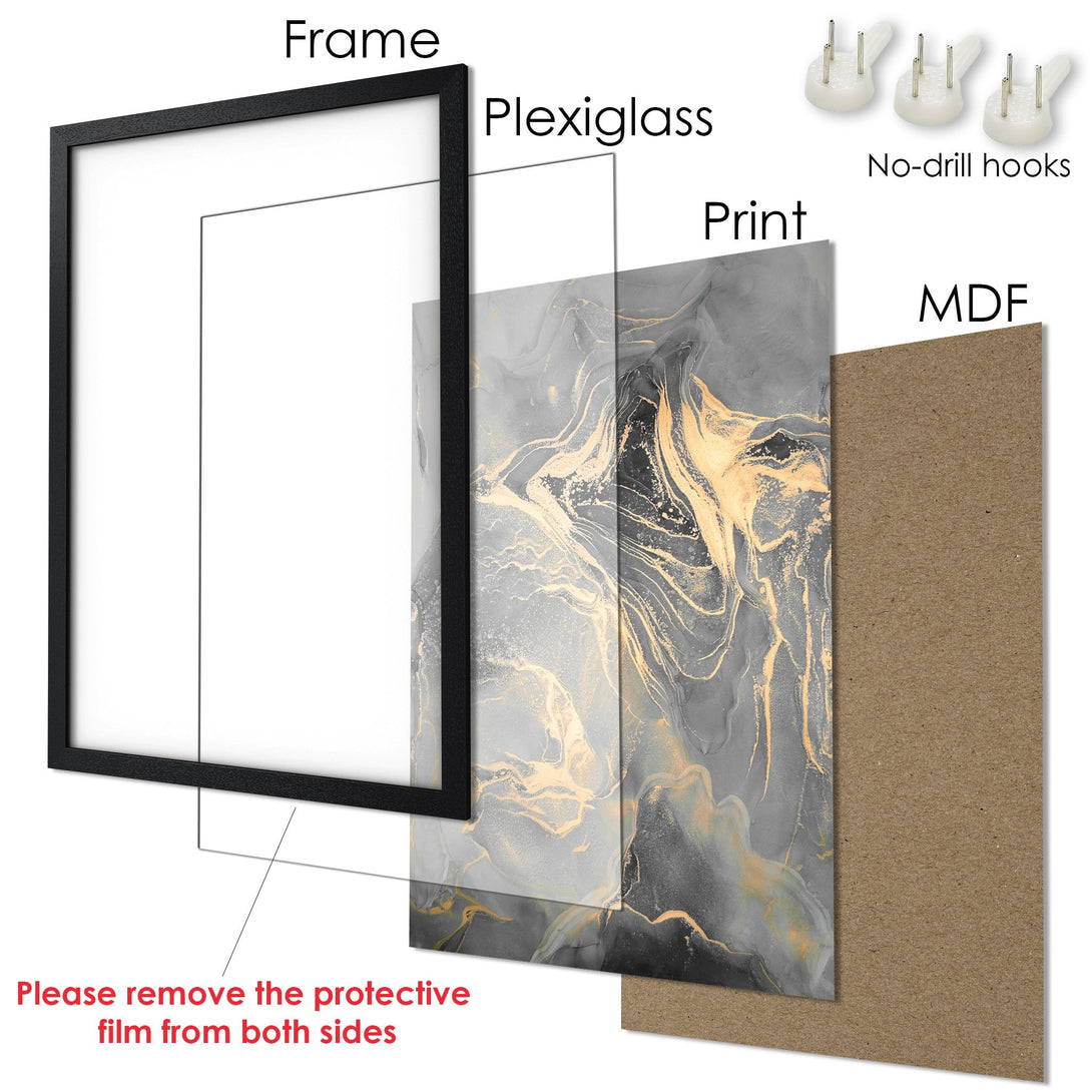 Framed Poster with abstract gold and gray artwork. Modern art style, perfect for home decor. Easy to hang with included hooks.