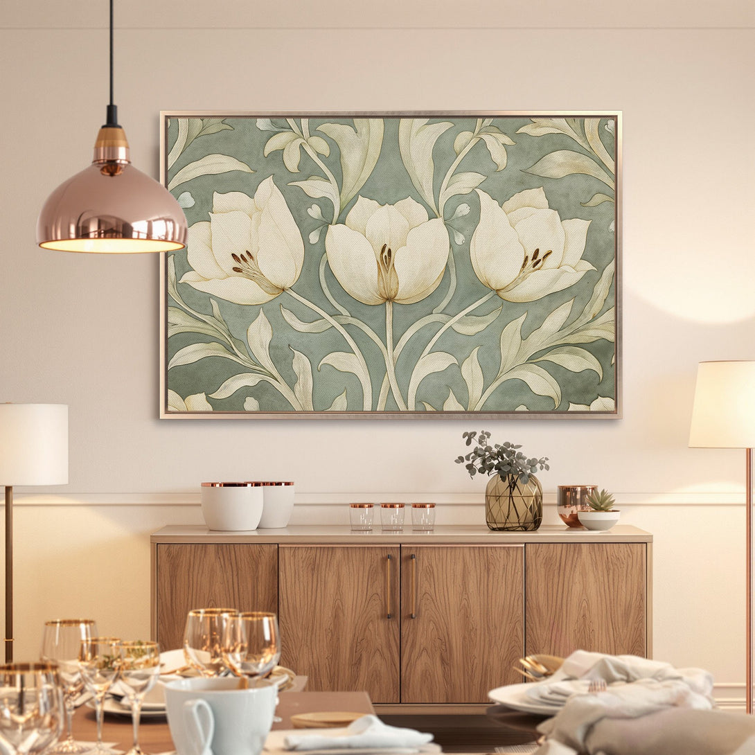 Framed Wall Art featuring elegant floral design in a muted green and cream color palette, perfect for adding a touch of sophistication to any space.