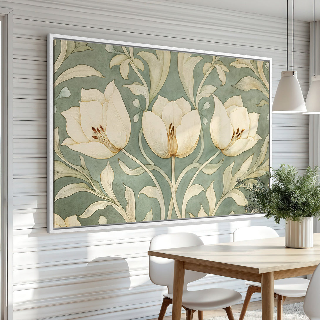 Framed Wall Art featuring elegant floral art in a vintage style. The canvas print showcases a soft green and cream color palette, perfect for adding a touch of nature to your home.