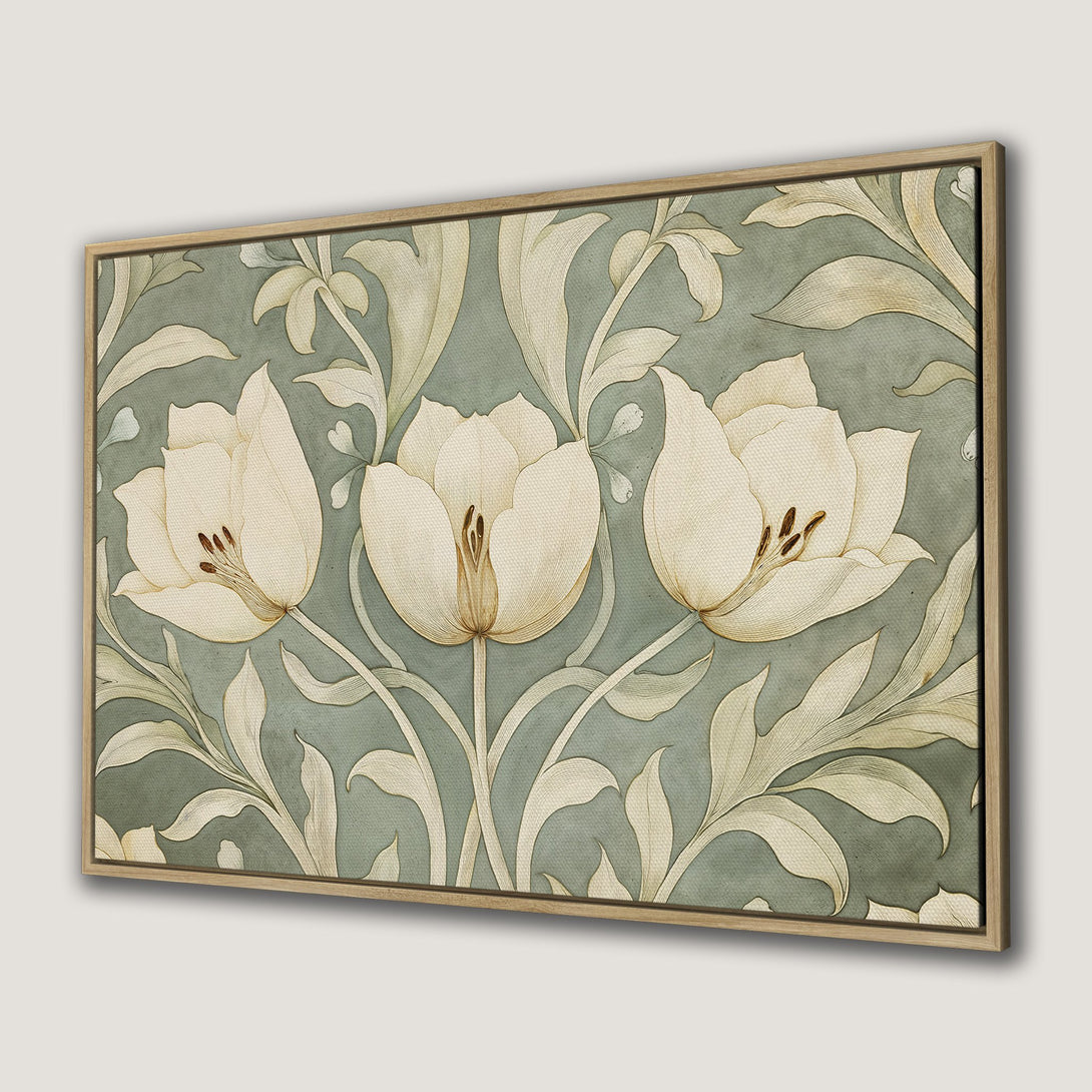 Framed Wall Art featuring elegant floral design with white tulips and leaves on a muted teal background. Perfect for adding a touch of nature to your home.
