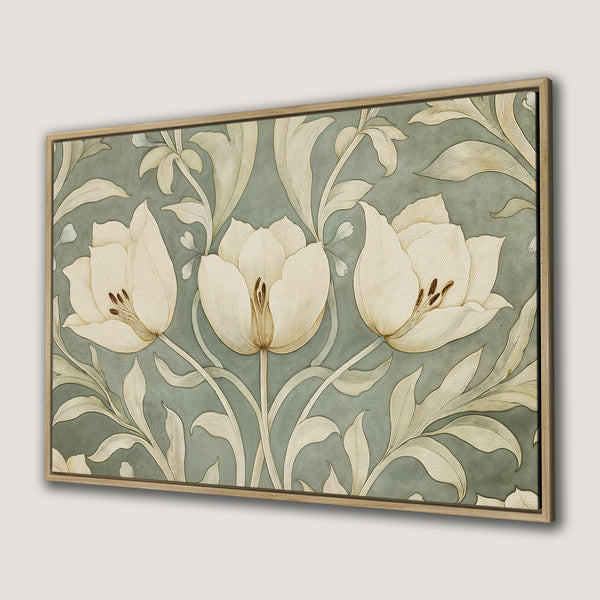 Framed Wall Art featuring elegant floral design with white tulips and leaves on a muted teal background. Perfect for adding a touch of nature to your home.