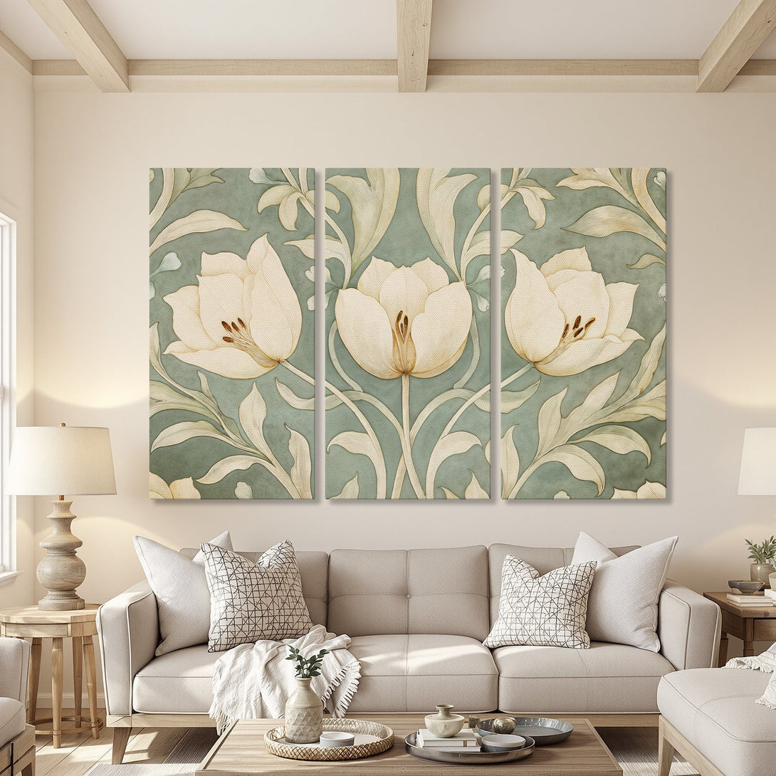 Canvas Print featuring floral art in a vintage style with soft green and cream tones, perfect for adding elegance to any living room.