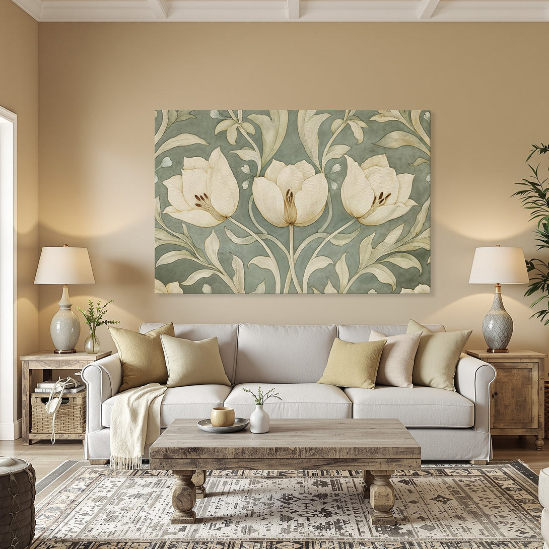 Framed Wall Art featuring elegant white floral design with a soft, muted color palette. Enhance your space with this stylish Canvas Print.