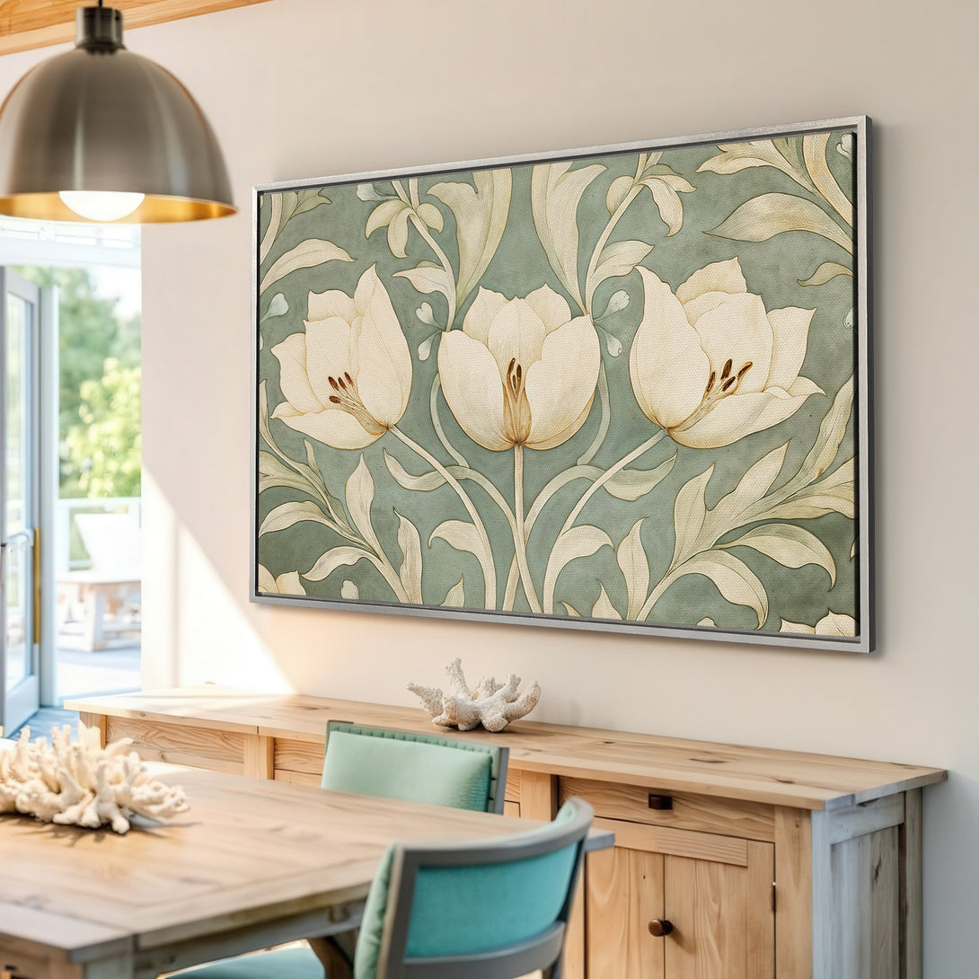 Framed Wall Art: Floral Canvas Print in muted green & cream. Elegant botanical art for home decor, adds a touch of nature & sophistication to any space.