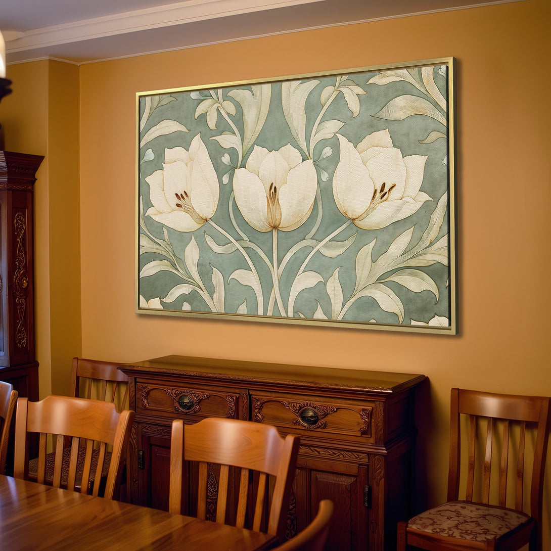 Canvas Print featuring elegant floral art in a muted green and cream palette. Perfect for adding a touch of sophistication to your living room.
