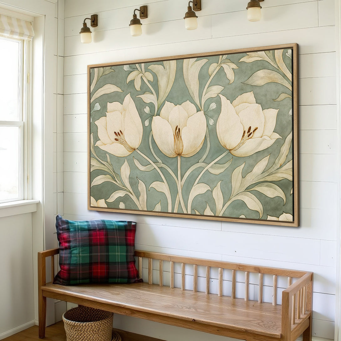 Framed Wall Art featuring elegant floral design in muted green and cream tones. Perfect for adding a touch of nature-inspired art to your home decor.