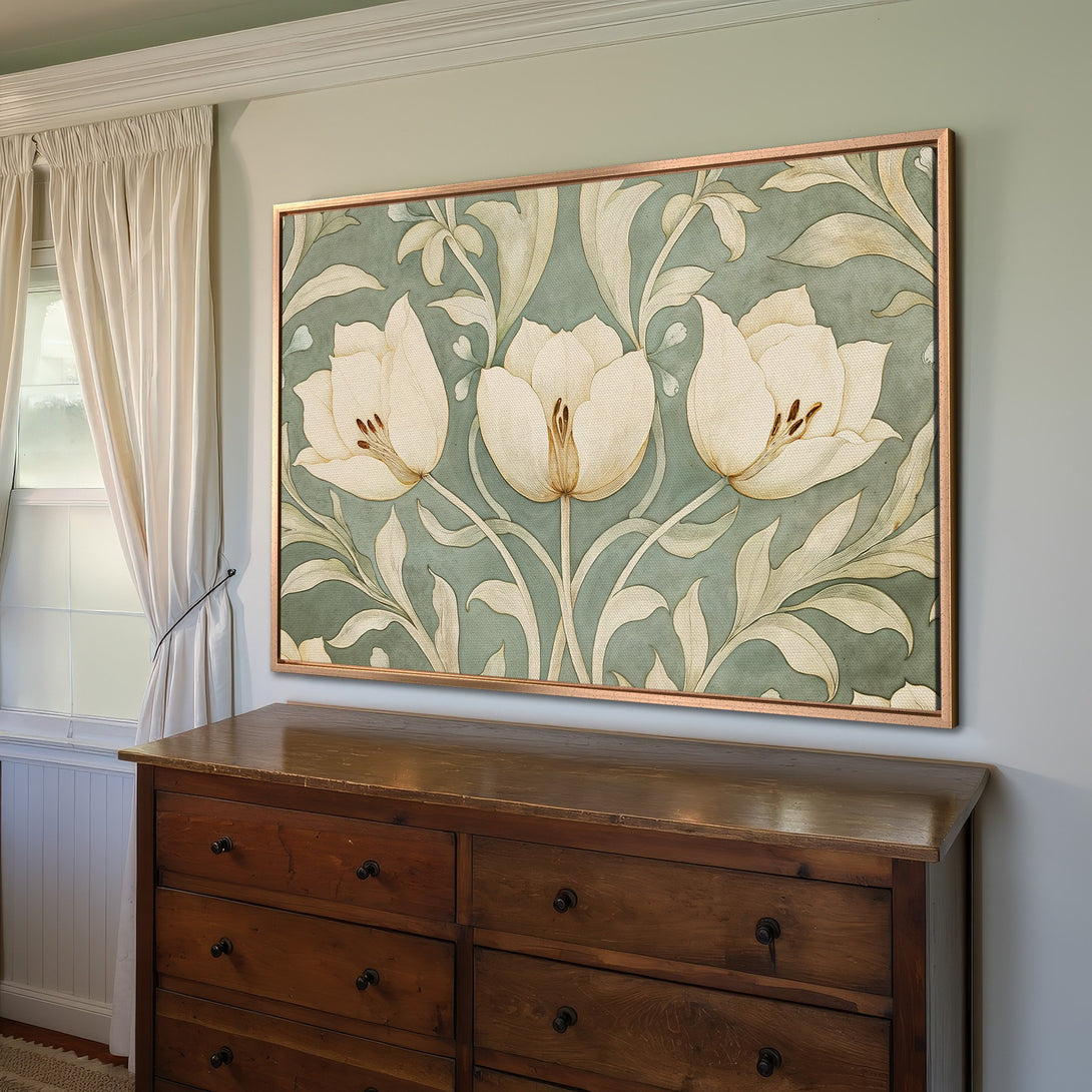 Framed Wall Art featuring elegant floral design in a vintage style. Soft green and cream color palette, perfect for adding a touch of sophistication to any space.