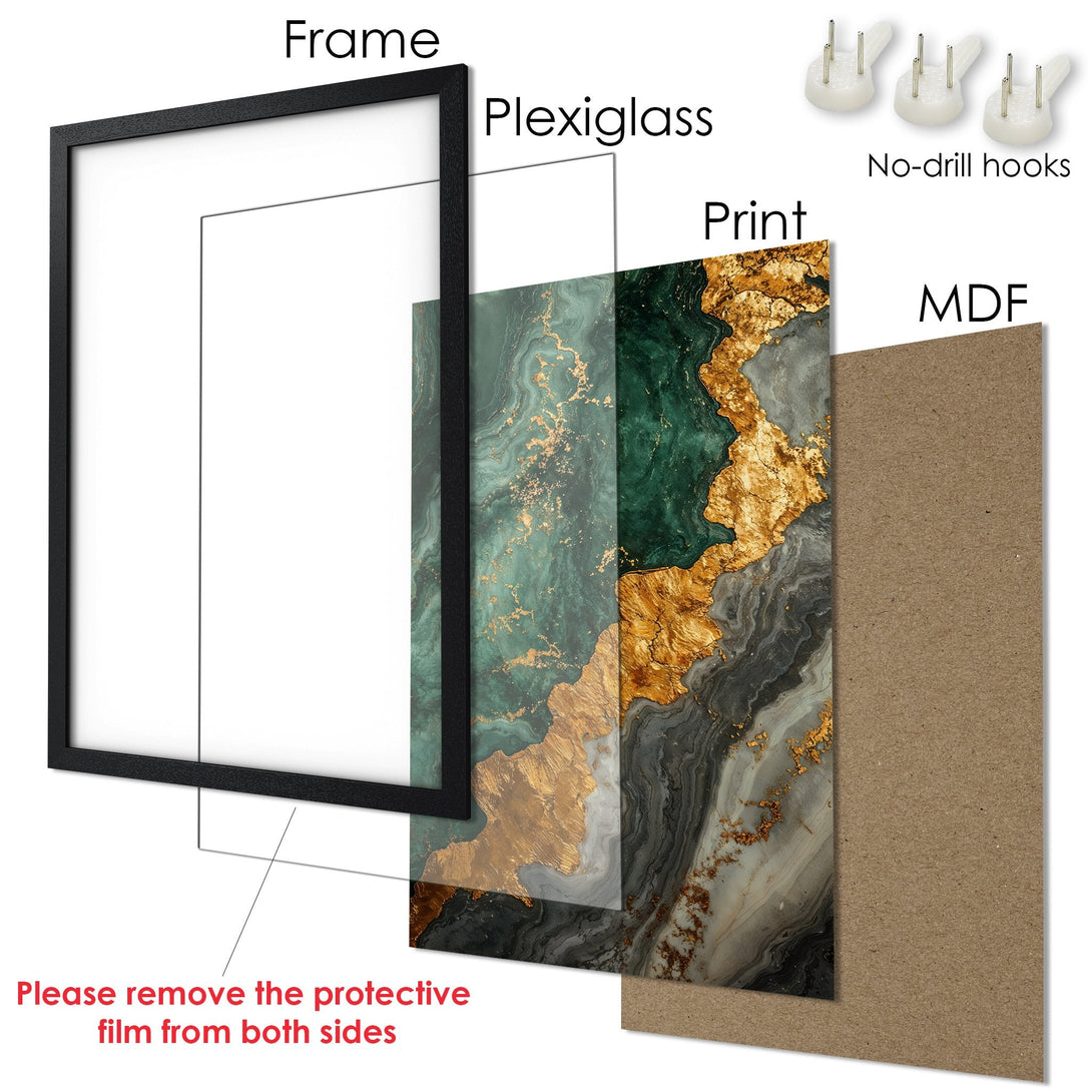 Framed Poster featuring abstract marble art in green, gold, and gray tones. Elevate your space with this stunning wall art!