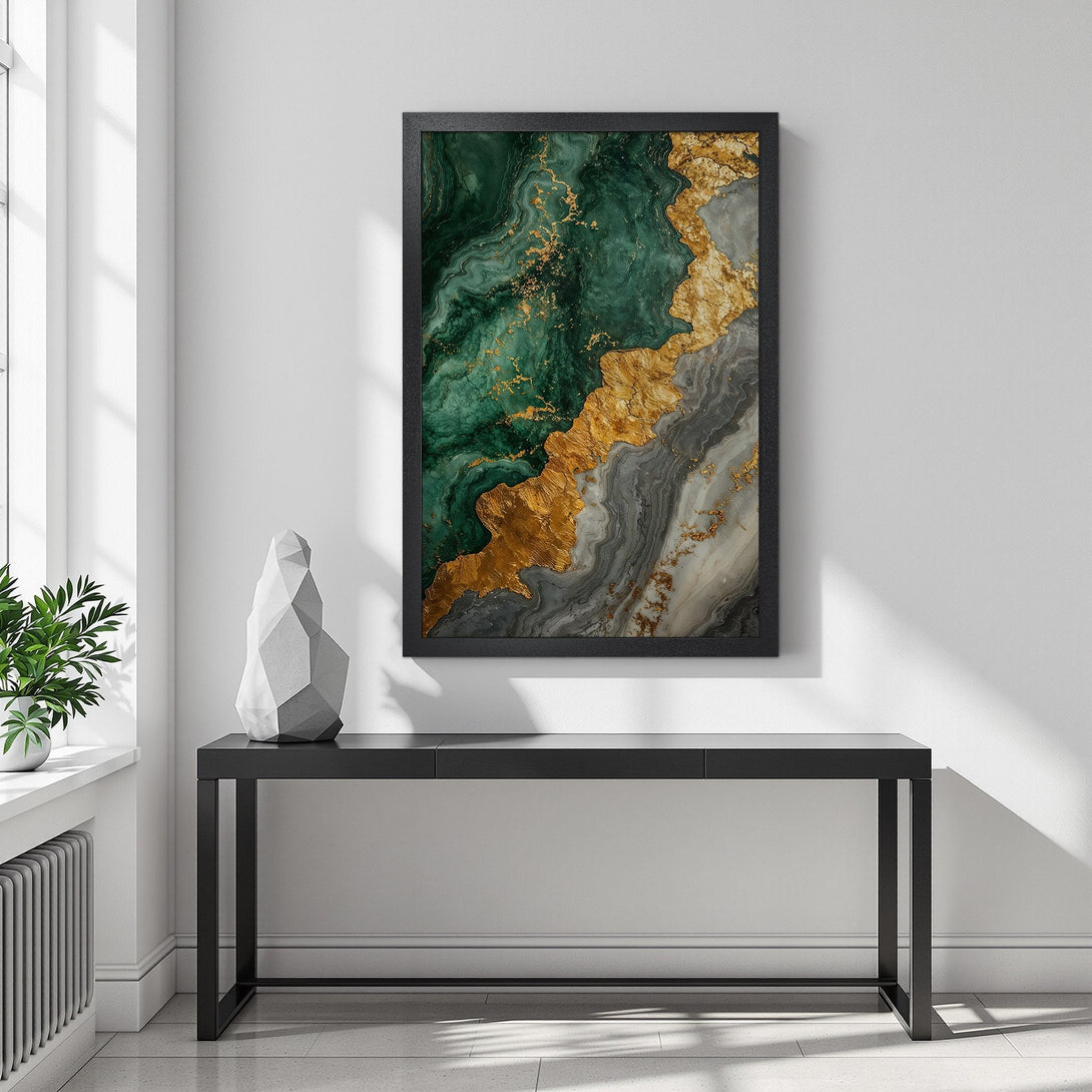 Framed Poster featuring abstract green, gold, and gray marble art. Elevate your space with this stylish print. Perfect for modern decor.