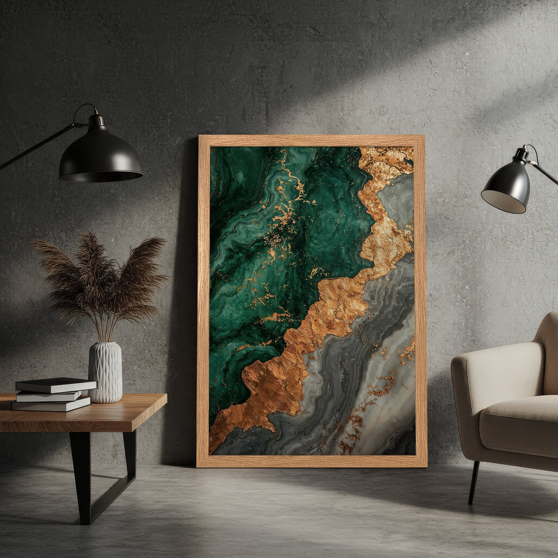 Framed Poster featuring abstract emerald green and gold artwork. Modern art print with a luxurious color palette for home decor.