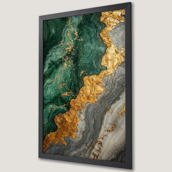 Framed Poster featuring abstract art in green, gold, and gray. Modern art print for your home decor.