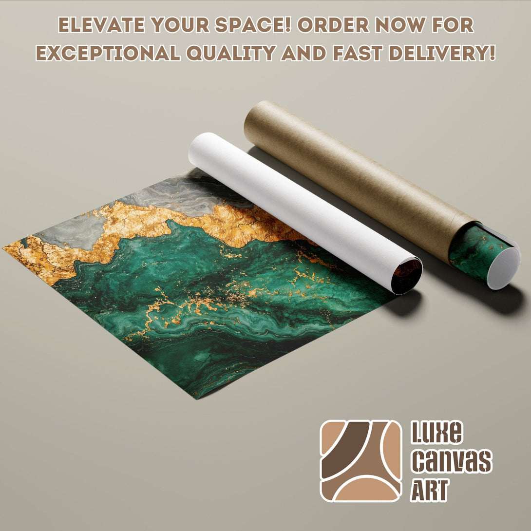 Abstract Poster Roll in emerald green and gold, perfect for modern decor. Order now!