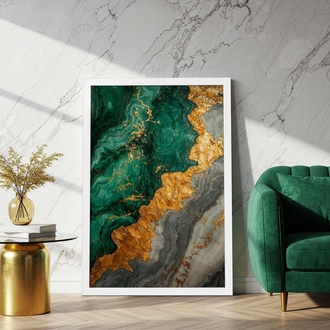 Framed Poster featuring abstract art in emerald green, gold, and gray. Modern style, perfect for home decor.