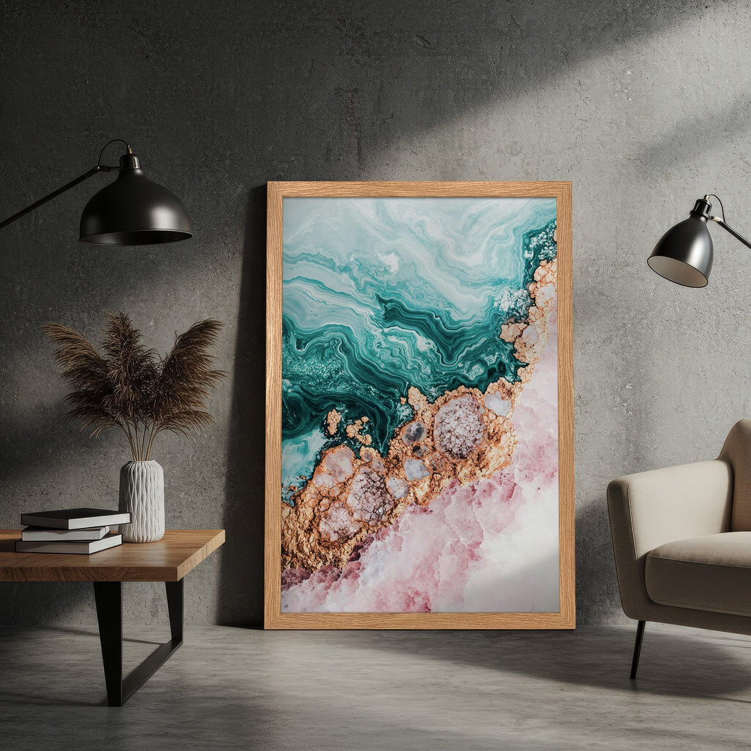 Framed Poster featuring abstract art in teal, pink, and gold. Modern decor for your home.