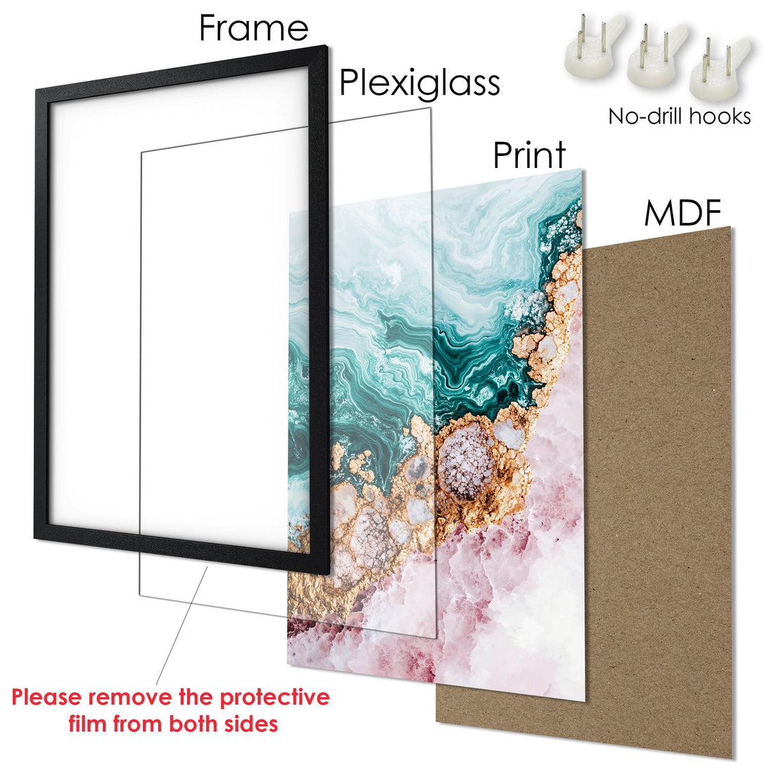 Framed Poster with abstract art in teal, gold, and pink tones. Modern wall decor for your home.