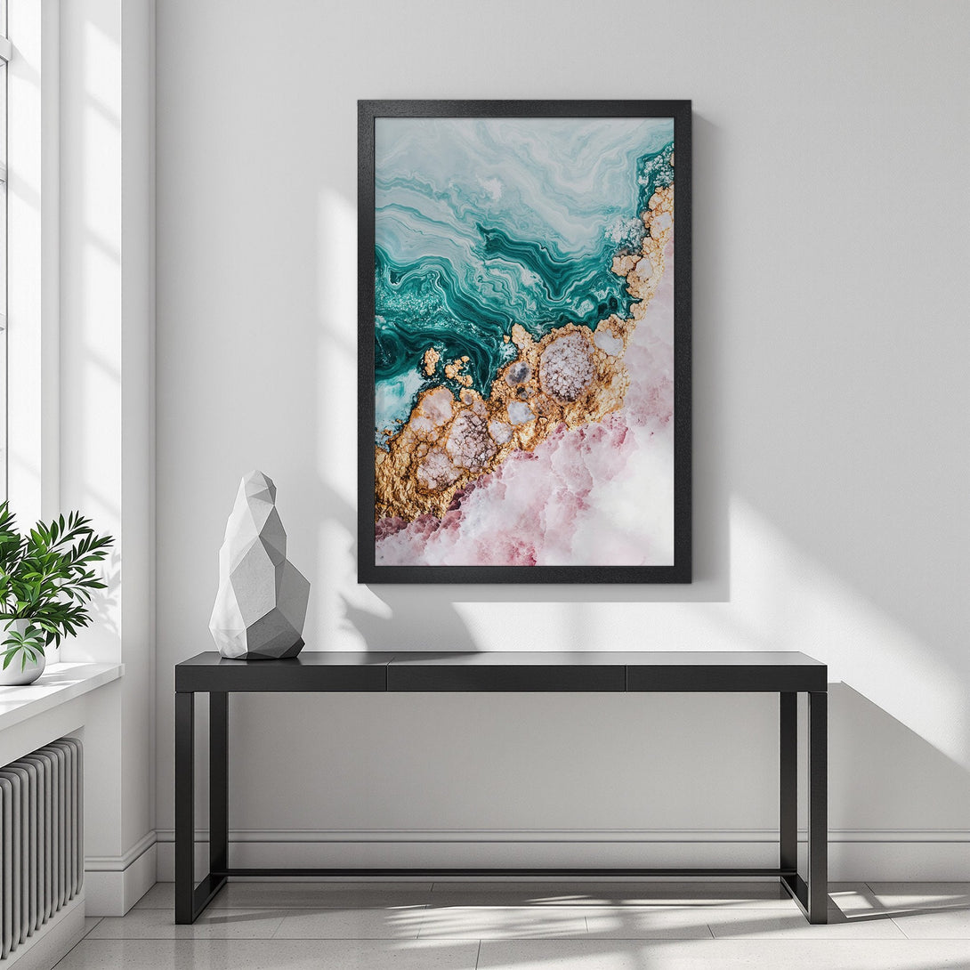 Framed Poster featuring abstract art with teal, gold, and pink hues. Modern style wall art for home decor.