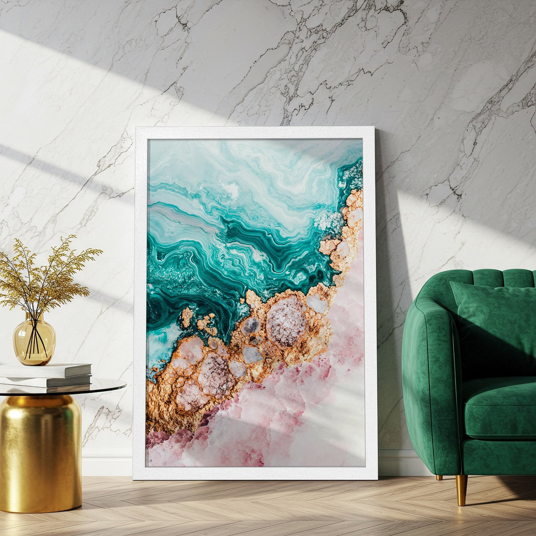 Framed Poster featuring abstract art in teal, gold, and pink. Modern style, perfect for home decor. Add a touch of elegance with this art print!