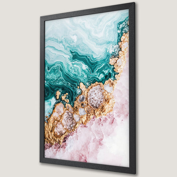 Framed Poster featuring abstract agate art in teal, gold, and pink. Modern wall decor for a stylish home.
