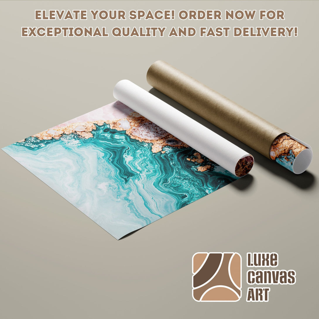Abstract art poster roll featuring teal, gold, and white colors. Elevate your space with this stunning poster! Order yours today.
