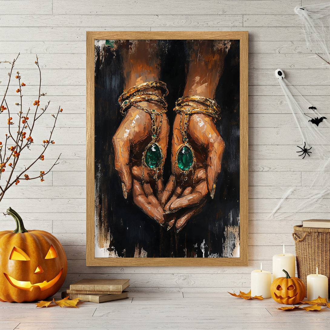 Framed Poster featuring hands with jewelry, dark tones, and green & gold accents. Perfect Halloween decor!