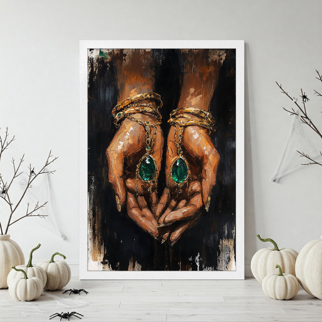 Framed Poster featuring hands adorned with jewelry, oil painting style, dark green and gold palette. Add a touch of luxury to your walls!
