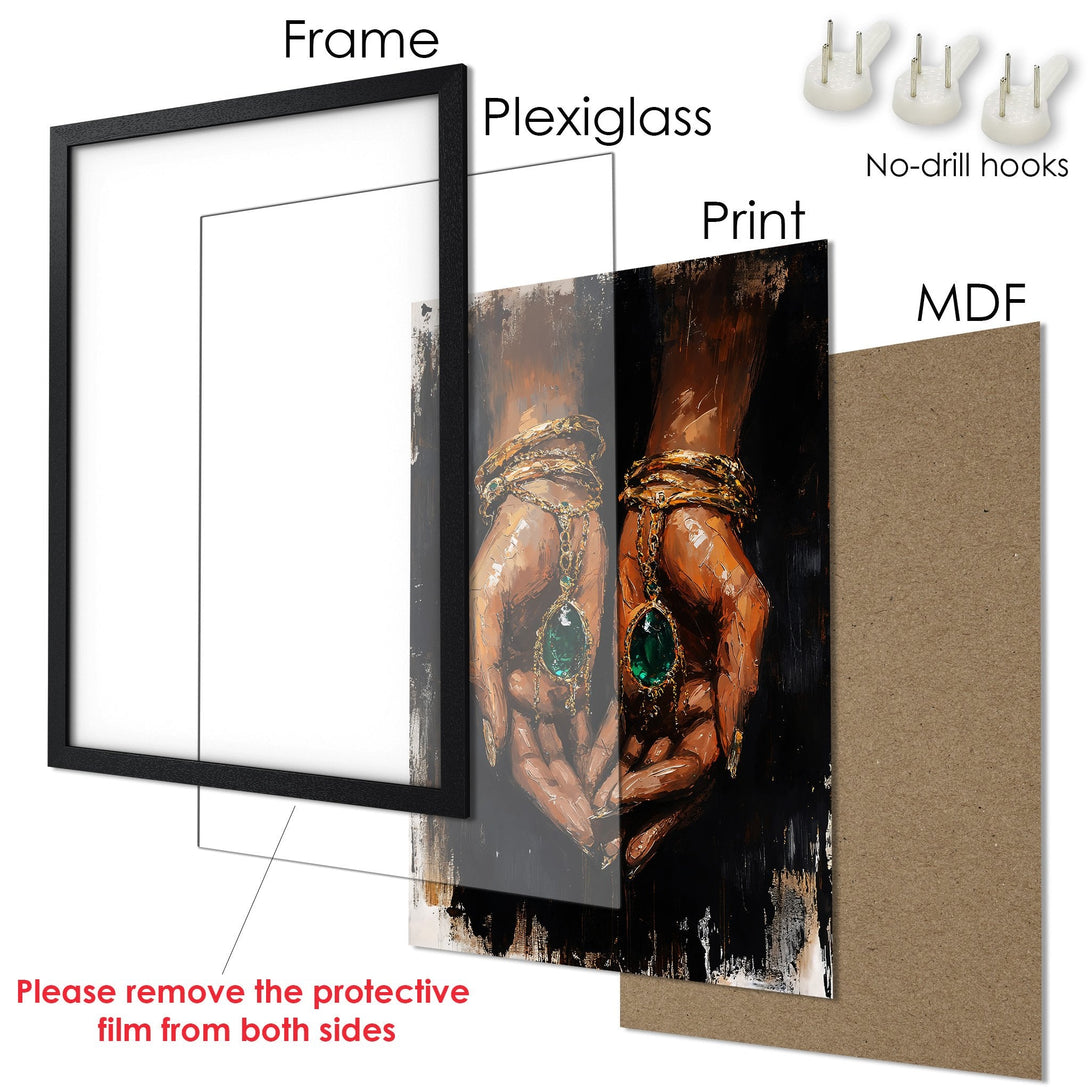 Framed Poster featuring a detailed hand with jewelry, painted in a dark, luxurious style with gold, green, and red accents. Perfect wall art.