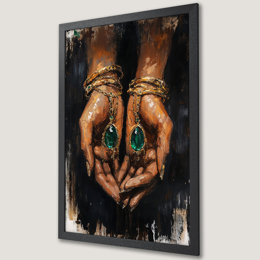 Framed Poster featuring hands adorned with jewels, rich gold and emerald accents on a dark green backdrop. Luxurious art print.