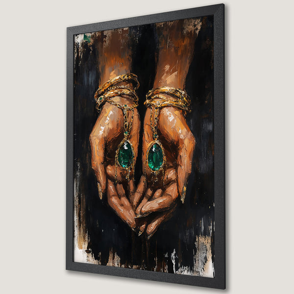 Framed Poster featuring hands adorned with jewels, rich gold and emerald accents on a dark green backdrop. Luxurious art print.