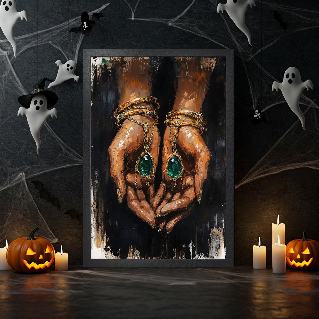 Framed Poster featuring hands adorned with jewelry, a dark, textured style with green and gold accents. Perfect Halloween decor.
