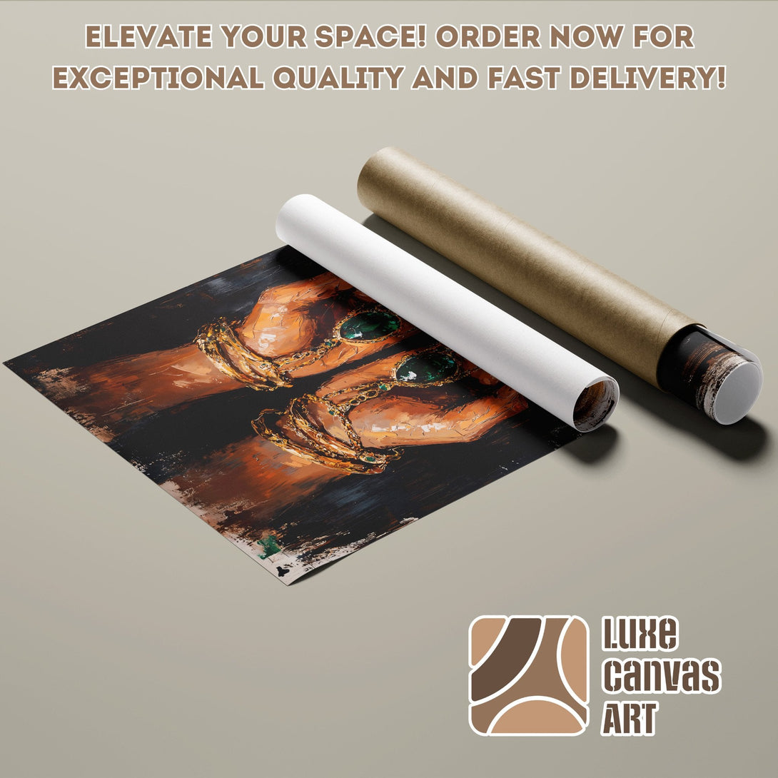 Poster Roll featuring abstract hand art, green & gold color palette. Order now for fast delivery!