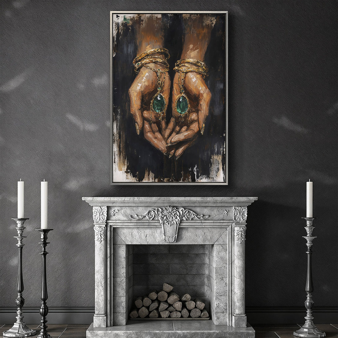 Framed Wall Art: Abstract painting of bejeweled hands in a dark, rich color palette. Perfect for adding a touch of luxury to your home decor.