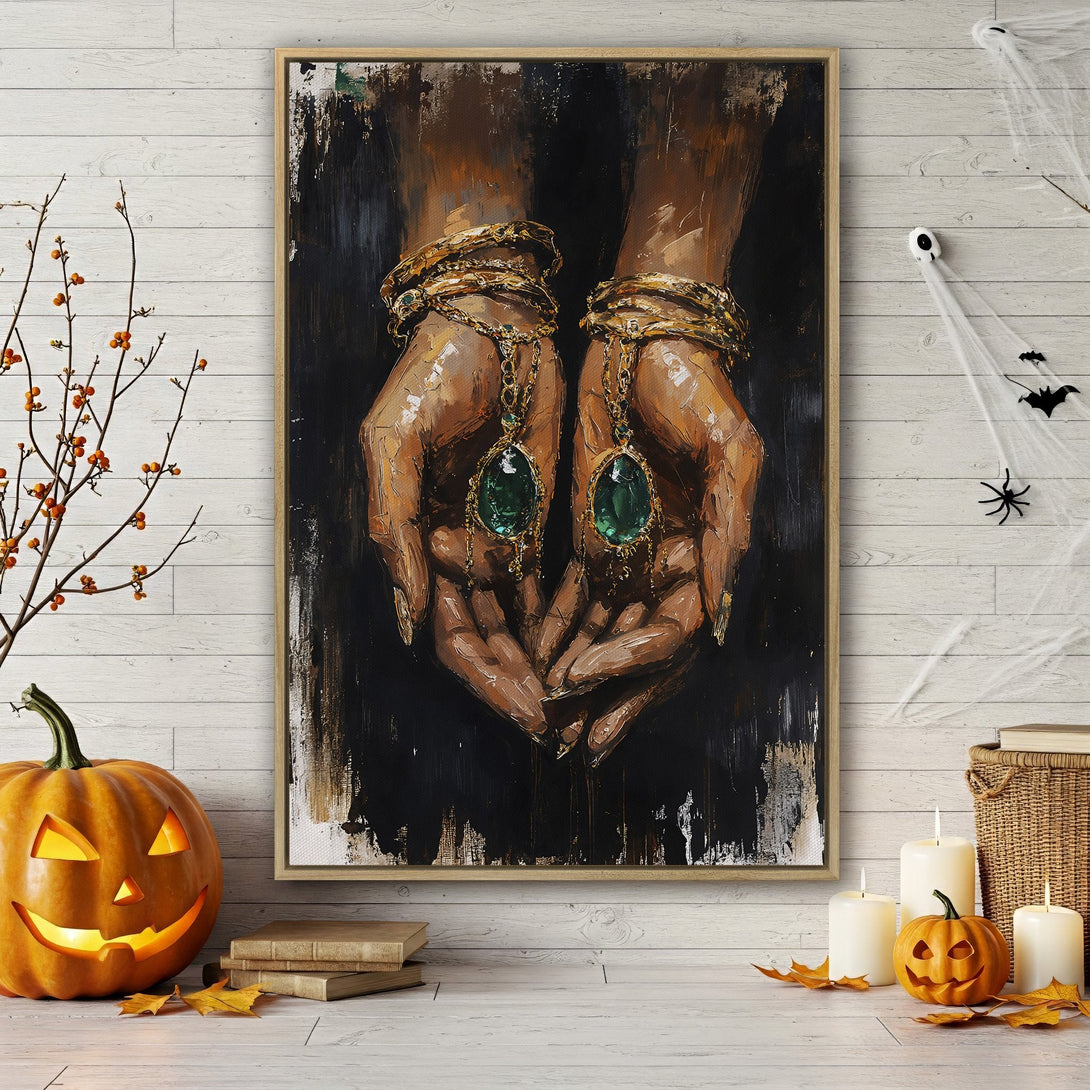 Framed Wall Art featuring hands adorned with jewelry, in a dark, textured style. Rich gold and jewel tones pop against a dark background, perfect for home decor.