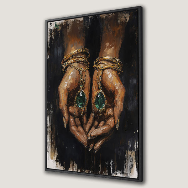 Framed Wall Art: Abstract hands adorned with jewelry in rich gold, red, and green hues. Perfect for adding a touch of luxury and artistic flair to your space.