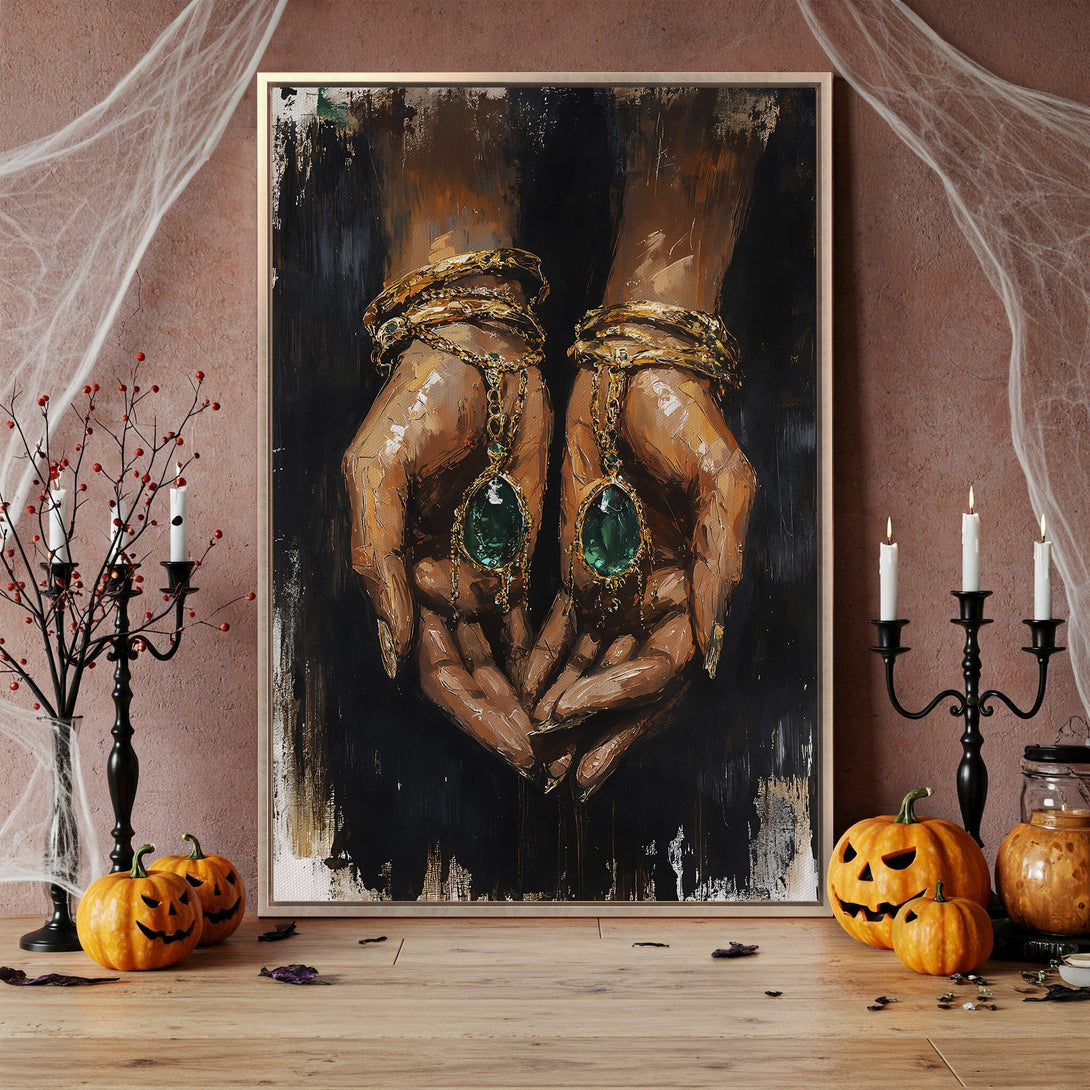 Framed Wall Art featuring an abstract painting of bejeweled hands, rich green and gold tones, displayed in a stylish pink living room.